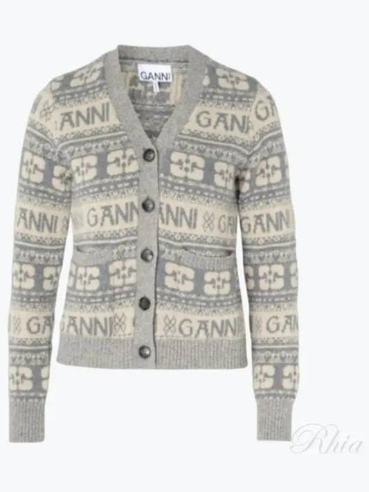 Women's Logo Wool Mix Cardigan Grey - GANNI - BALAAN 2