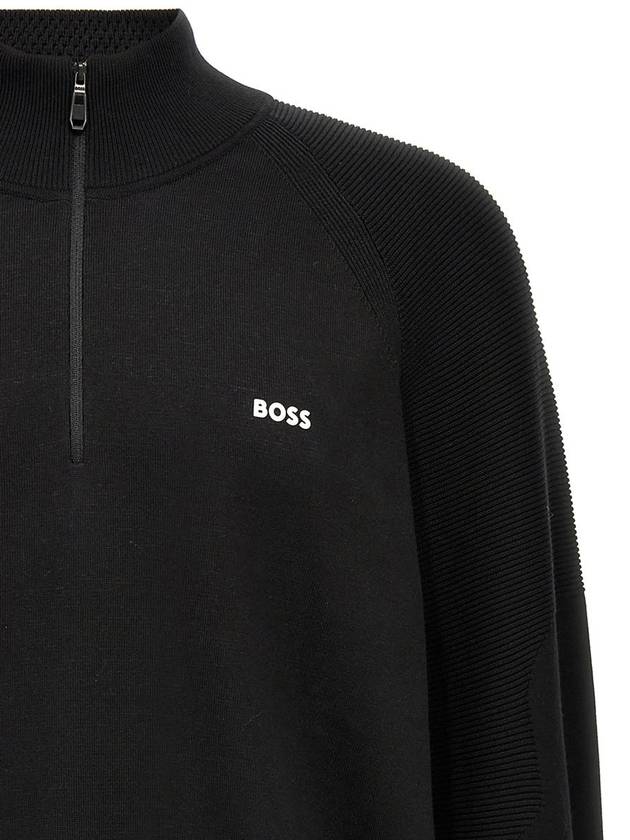 Logo Detail Zipper Neck Cotton Blend Knit Top Black - HUGO BOSS - BALAAN 4