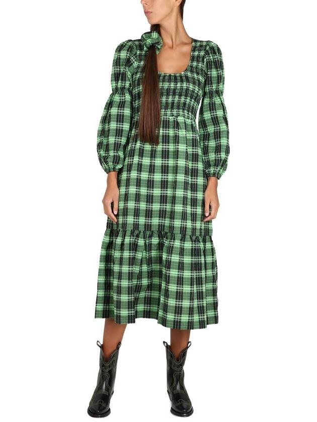 Women's Seersucker Check Smoke Long Dress Peapod - GANNI - BALAAN 3