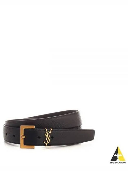 Men's Monogram Grain Leather Belt Gold - SAINT LAURENT - BALAAN 2