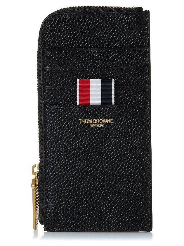 Stripe Zip Around Pebble Grain Leather Card Wallet Black - THOM BROWNE - BALAAN 2