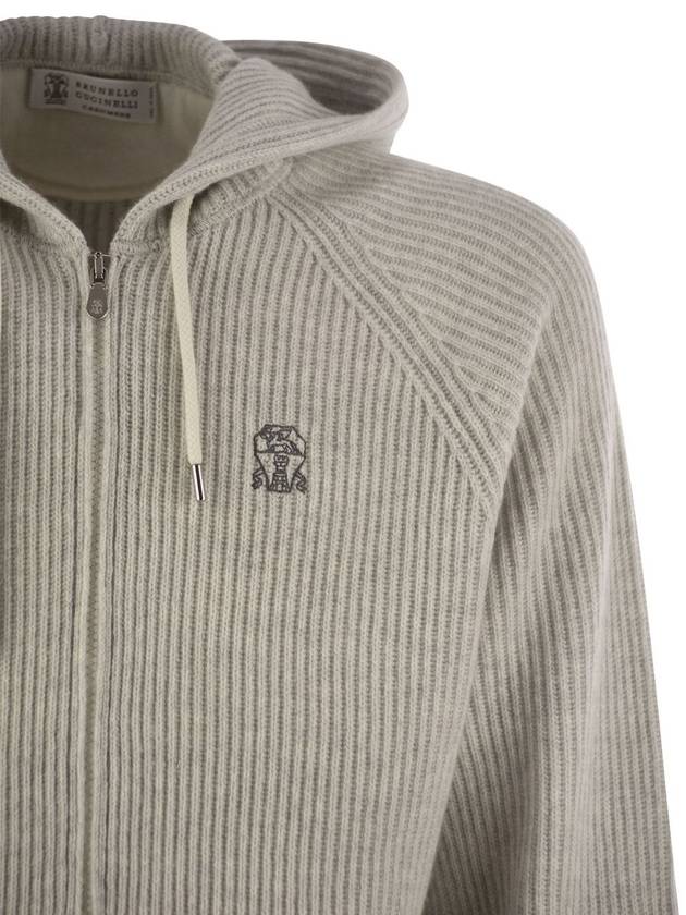 Logo embroidered cashmere hooded jacket light gray - BRUNELLO CUCINELLI - BALAAN 5