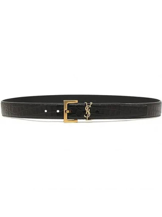 Cassandra Square Crocodile Leather Buckle Belt Black - SAINT LAURENT - BALAAN 2