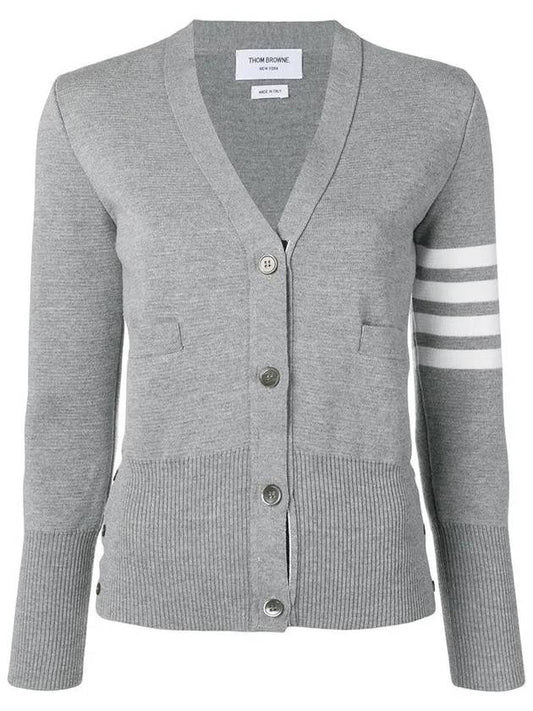 Milano Stitch 4 Bar Classic V Neck Fine Merino Wool Cardigan Grey - THOM BROWNE - BALAAN 2