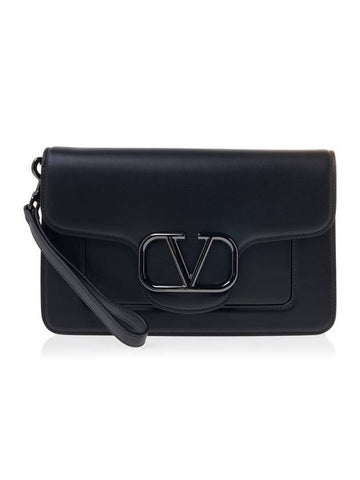 V Logo Leather Clutch Bag Black - VALENTINO - BALAAN 1