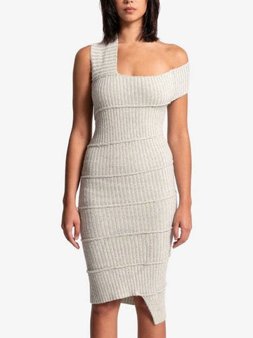 MM6 Ladies Grey Asymmetric Rib-Knit Midi Dress, Size Medium - MAISON MARGIELA - BALAAN 1