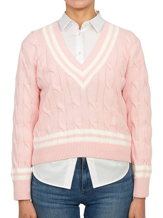 Women's Embroidered Logo Striped Cotton Knit Top Baby Pink - SPORTY & RICH - BALAAN 2