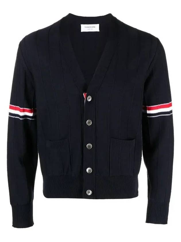 RWB V-neck Striped Virgin Wool Cardigan Navy - THOM BROWNE - BALAAN 3