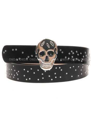 Skull Buckle Studded Leather Belt Black - ALEXANDER MCQUEEN - BALAAN.