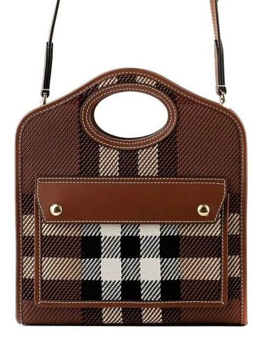 Mini Knit Check Leather Pocket Tote Bag Brown - BURBERRY - BALAAN 2