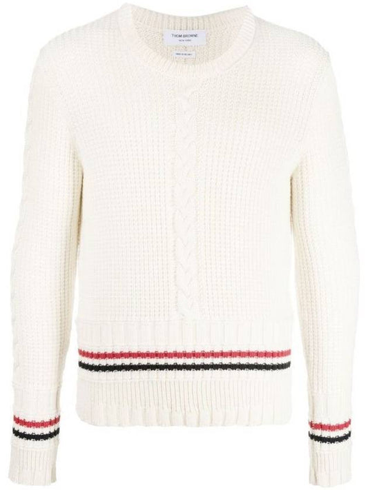 Men's Cable Stitch Merino Striped Wool Knit Top White - THOM BROWNE - BALAAN.