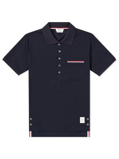 Men's Three Stripes Pocket Mercerized Short Sleeve Polo Shirt Navy - THOM BROWNE - BALAAN 2