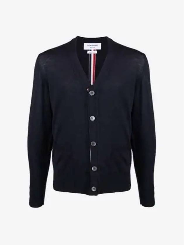 Men's Navy Classic Three-Stripe Backstripe Wool Cardigan - THOM BROWNE - BALAAN.