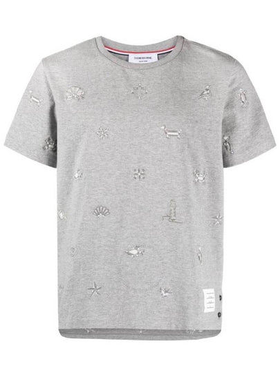 Embroidered Cotton Short Sleeve T-Shirt Grey - THOM BROWNE - BALAAN 2