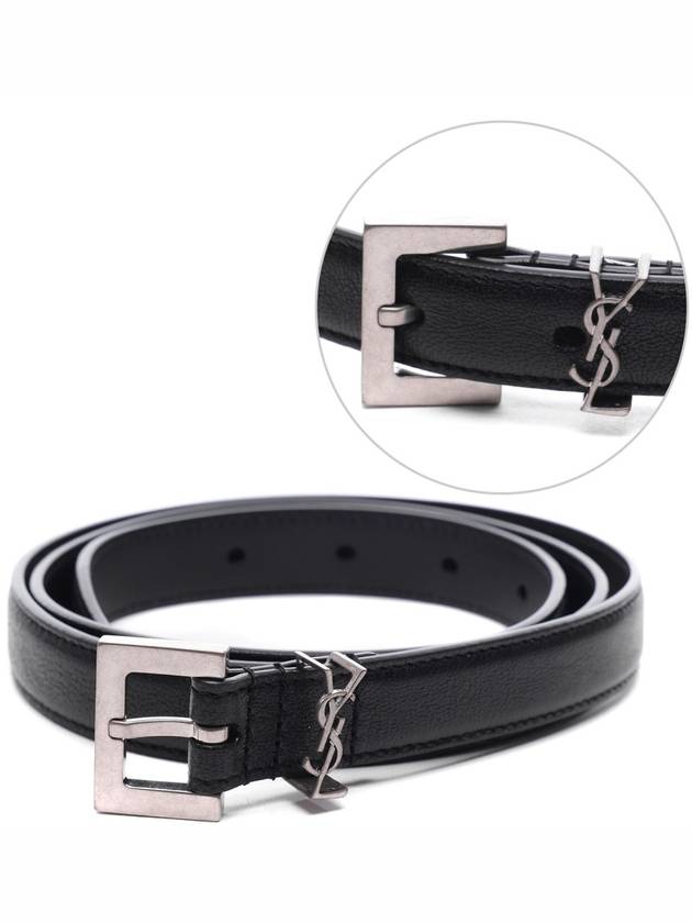 Men's Monogram Silver Buckle Leather Belt Black - SAINT LAURENT - BALAAN 2