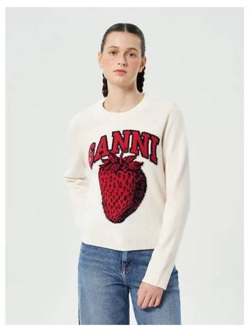 Graphic Wool Mix Strawberry Crew Neck Egret Domestic Product GM0024082114665 - GANNI - BALAAN 1