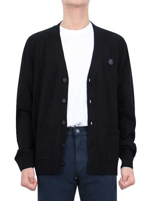 Bold Fox Head Patch V Neck Wool Cardigan Black - MAISON KITSUNE - BALAAN 4