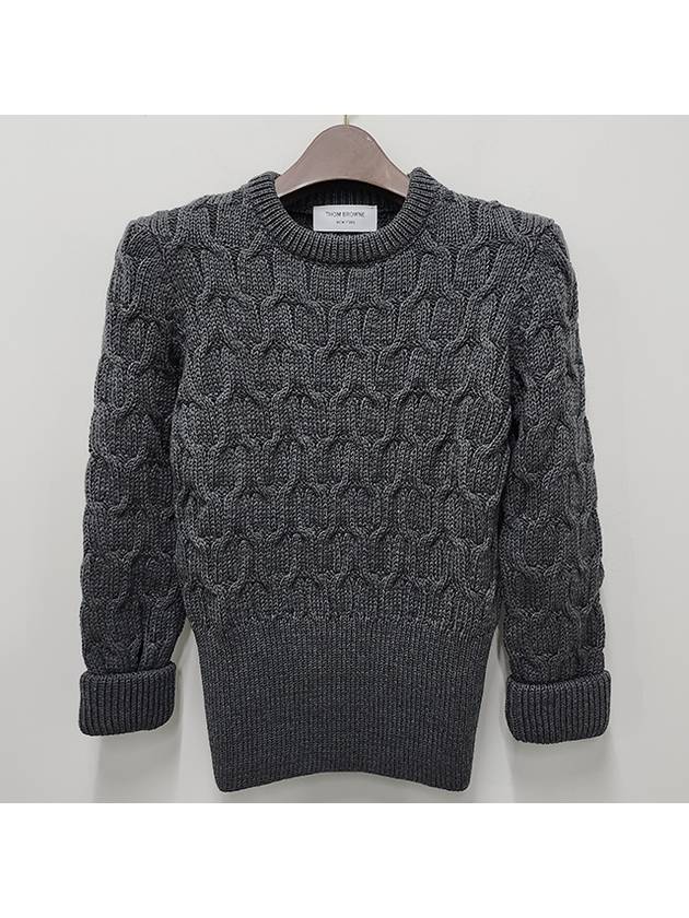 Merino Crisscross Cable Stitch Crewneck Knit Top Grey - THOM BROWNE - BALAAN 3