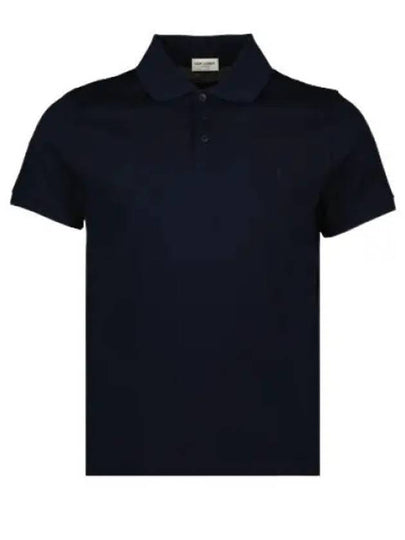 Men's Monogram Cotton Short Sleeve Polo Shirt Navy - SAINT LAURENT - BALAAN 2