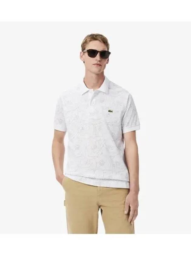 Men s Flower Jacquard Short Sleeve Polo White - LACOSTE - BALAAN 1