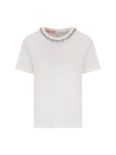 T-SHIRT WITH EMBROIDERED NECK AND RHINESTONES - VALENTINO - BALAAN 1