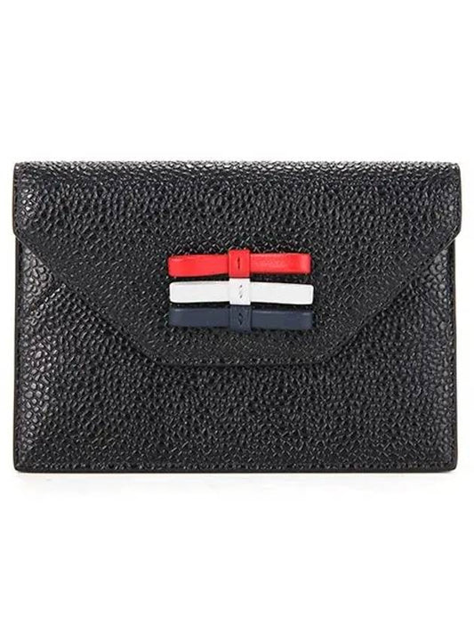 Pebble Grain Leather Bow Detail Envelope Card Wallet Black - THOM BROWNE - BALAAN 2