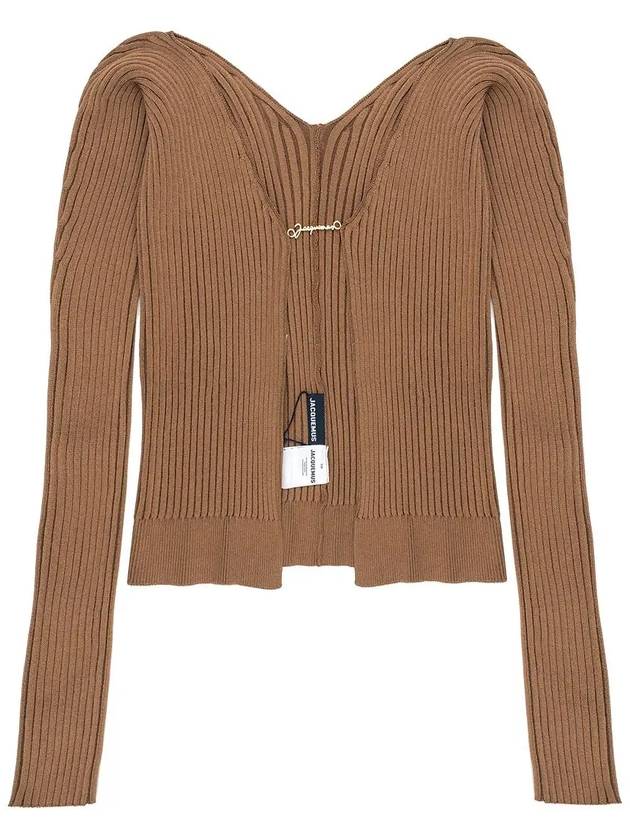 La Maille Pralu Longue Micro Charm Logo Cardigan Brown - JACQUEMUS - BALAAN 3