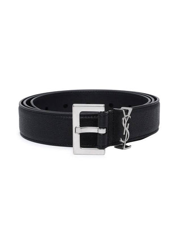 Silver Hardware Monogram Buckle Leather Belt Black - SAINT LAURENT - BALAAN.