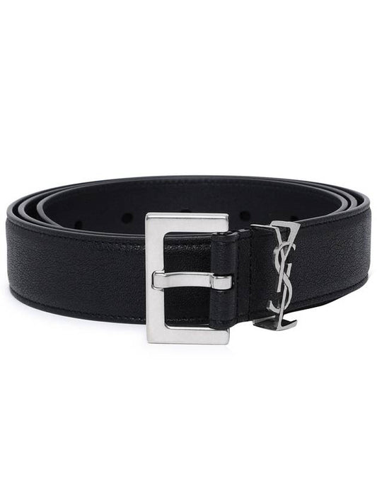 Silver Hardware Monogram Buckle Leather Belt Black - SAINT LAURENT - BALAAN.