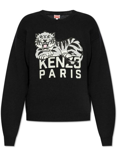 Happy Tiger Embroidery Crew Neck Knit Top Black - KENZO - BALAAN 1