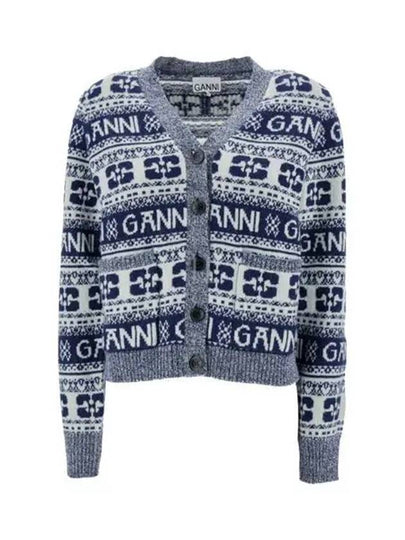 logo wool mix jacquard cardigan blue - GANNI - BALAAN 2