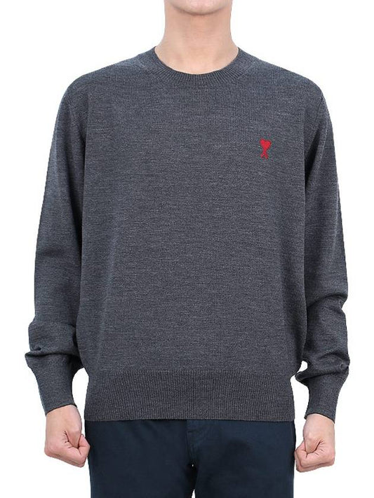 Heart Logo Embroidered Crew Neck Knit Top Heather Grey - AMI - 2