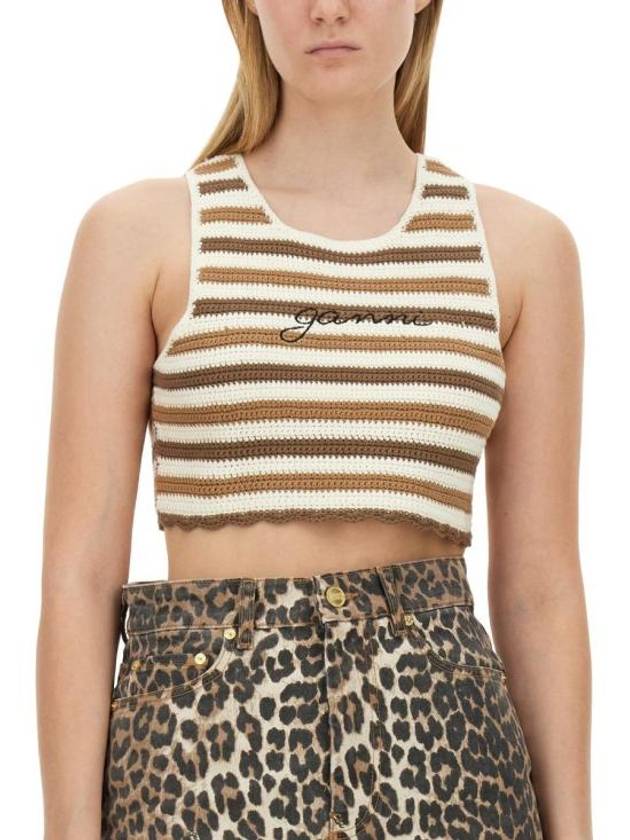 Crochet Racerback Zipper Back Cropped Sleeveless Brown - GANNI - BALAAN 5