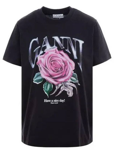 Rose print black short sleeve t shirt 271931 - GANNI - BALAAN 1