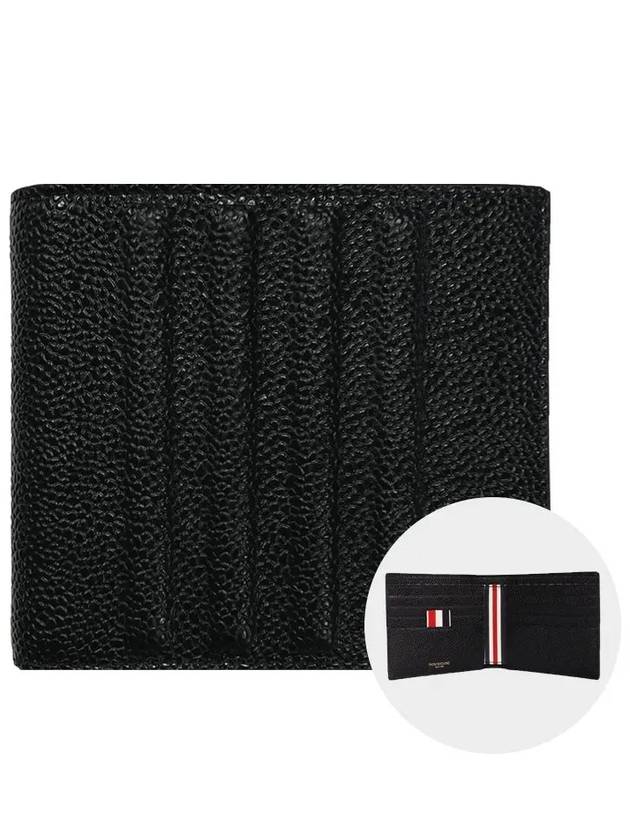 Pebble Grain Leather Debossed 4 Bar Billfold Half Wallet Black - THOM BROWNE - BALAAN 2