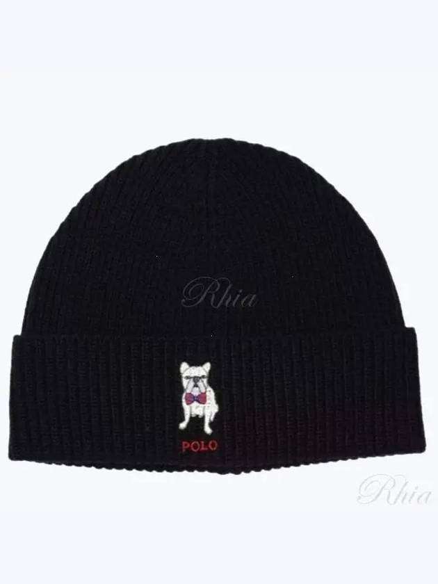 Embroidered French Bulldog Wool Beanie Black - POLO RALPH LAUREN - BALAAN 2