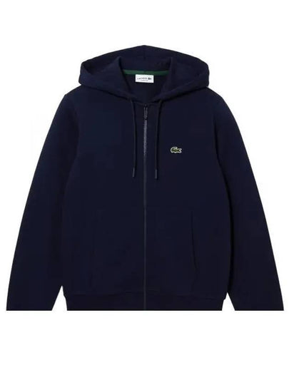 Embroidery Logo Kangaroo Pocket Fleece Zip Up Hoodie Navy - LACOSTE - BALAAN 2