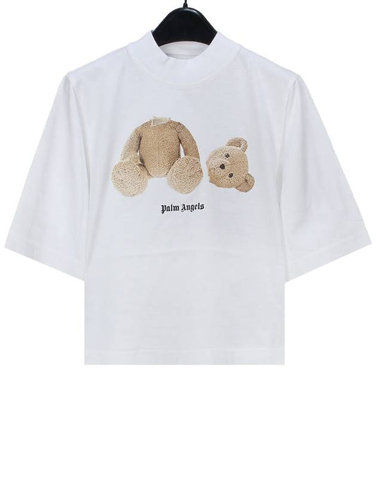 Women's Bear Print Crop Short Sleeve T-Shirt White - PALM ANGELS - BALAAN.