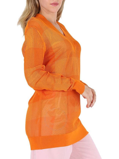 Burberry Ladies Deep Orange Zoie Check Mesh Lace V-Neck Jumper, Size Large - BURBERRY - BALAAN 2