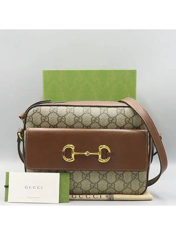 645454 Brown Leather Beige Ebony Canvas Horsebit 1955 Small Shoulder Bag - GUCCI - BALAAN 1