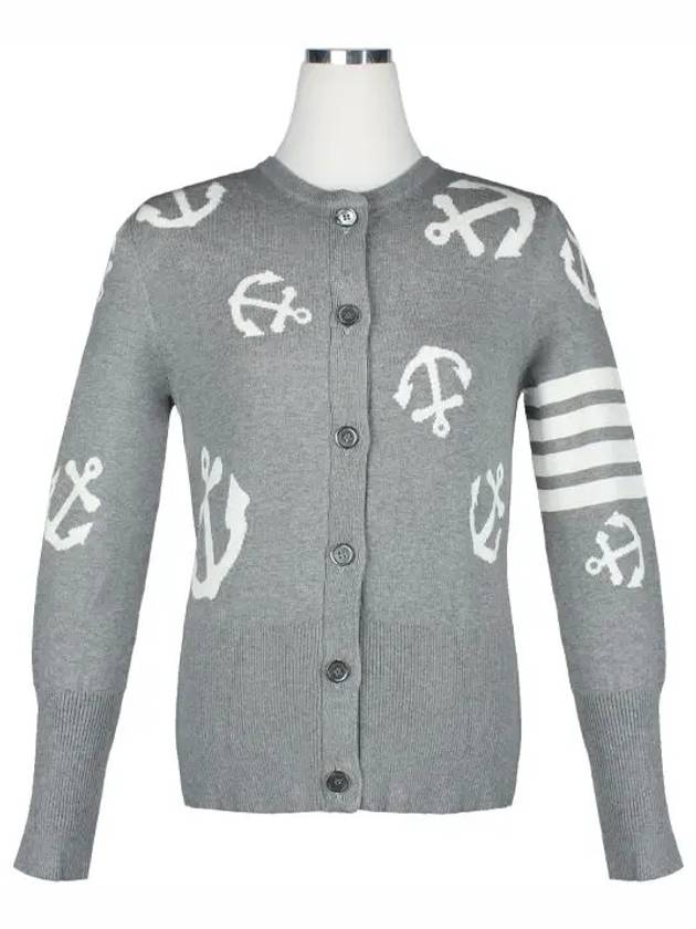 Cotton Anchor Intarsia 4-Bar Crewneck Cardigan Grey - THOM BROWNE - BALAAN 2