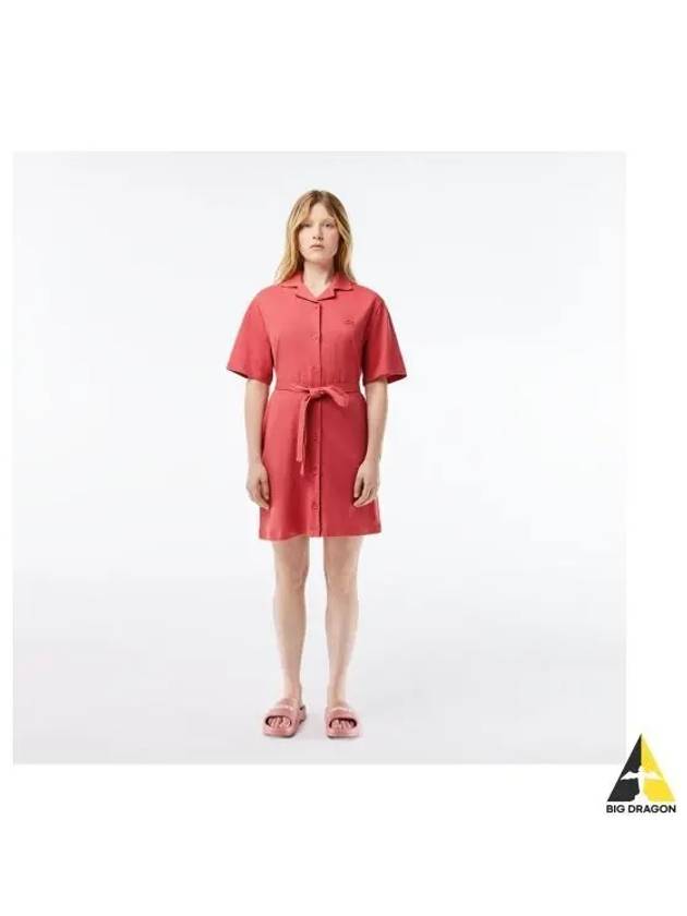 Women s Linen Blend Open Collar Shirt Dress Lightbrick - LACOSTE - BALAAN 1