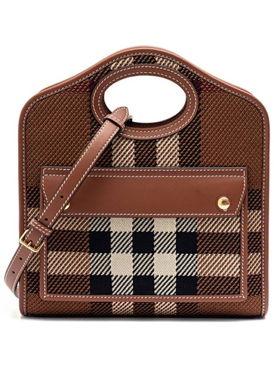 Mini Knit Check Leather Pocket Tote Bag Brown - BURBERRY - BALAAN 2