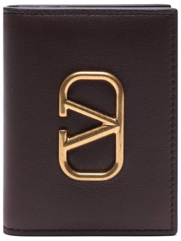 V Logo Signature Leather Card Wallet Brown - VALENTINO - BALAAN 2