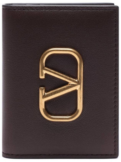 V Logo Signature Leather Card Wallet Brown - VALENTINO - BALAAN 2