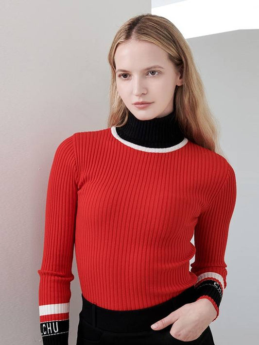 C23FKTS006W High-neck red ribbed knit top - CHUCUCHU - BALAAN 1