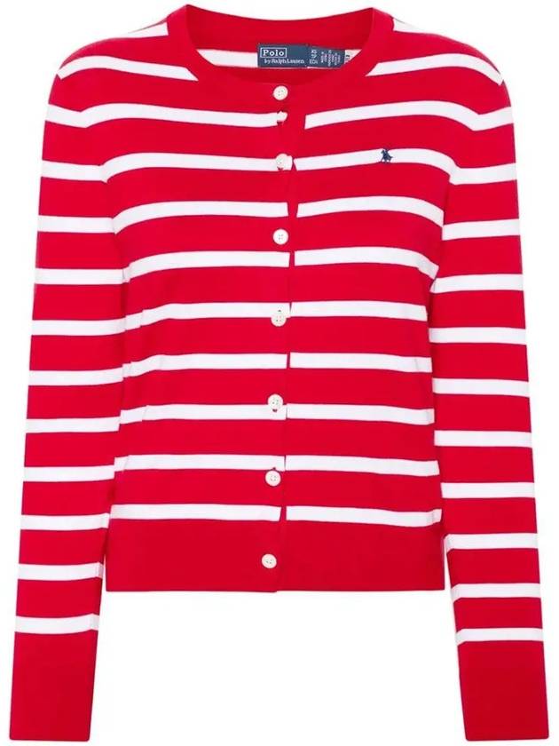 Embroidery  Logo Striped Crew Neck Cardigan Red - POLO RALPH LAUREN - BALAAN 3