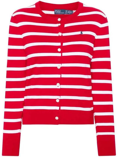 Embroidery Logo Striped Crew Neck Cardigan Red - POLO RALPH LAUREN - BALAAN 2