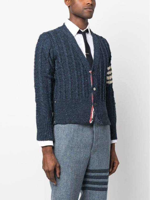 Donegal Twist Cable 4 Bar Classic V Neck Cardigan Blue - THOM BROWNE - BALAAN 2