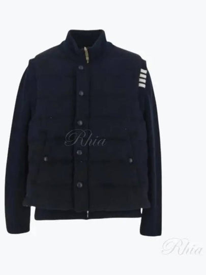 Men's Reversible Padded 4 Bar Funnel Neck Merino Jersey Padding Jacket Navy - THOM BROWNE - BALAAN 2